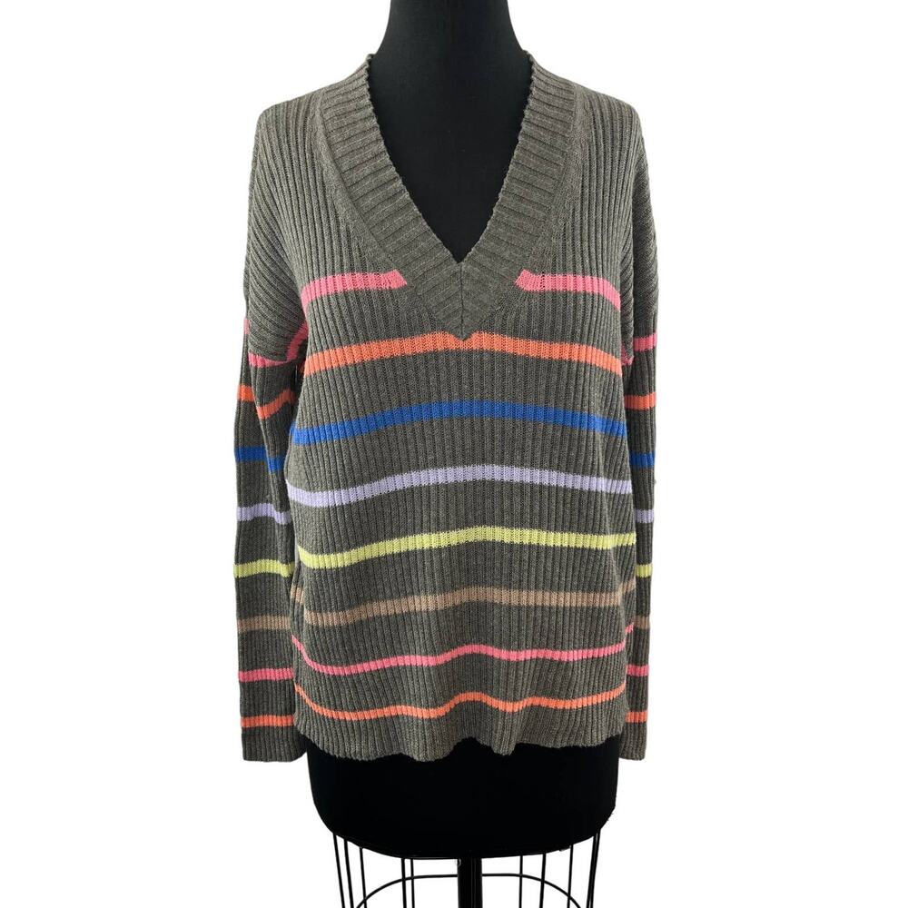 LISA TODD Gray S Sweater Linen Rainbow Striped Rib V-Neck Long Sleeve Pullover